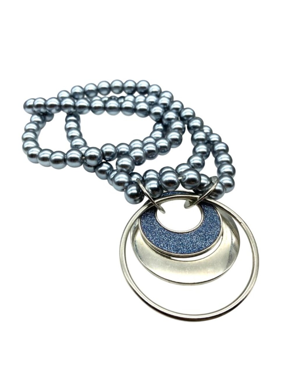 Classy Grey and Silver Circles Pendant on Lustrous Faux Tahitian Pearl Long - Picture 3 of 5